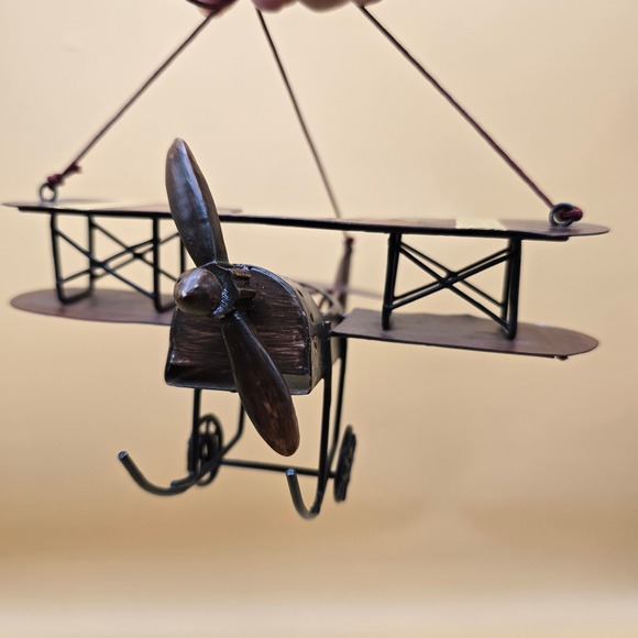 Vintage Metal Biplane Model Rustic Bronze Burgundy Decorative Aircraft 7 Inch - Picture 5 of 16